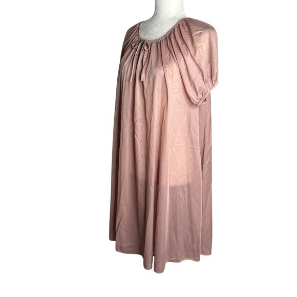 Vintage 70s Nylon Nightgown Dress Small Mocha Sheer Midi Elastic Neckline Sleeve - Picture 3 of 6